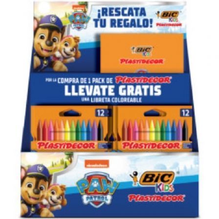 Bic Expositor Paw Patrol Lápices de Cera Plastidecor y Cuadernos Núm. artículo 300556 - 24 Packs de 12 Unidades de Ceras Surtido de Colores