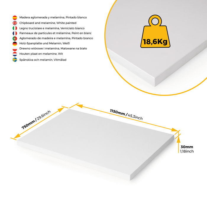 Emuca Tablero para mesa, 1150x750mm, espesor 30mm, Madera, Pintado blanco