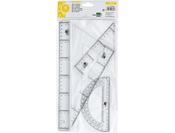 Liderpapel Juego de Reglas Escuadra 25cm, Cartabón 25cm, Regla 30cm y Semicírculo 15cm en Petaca Incolora