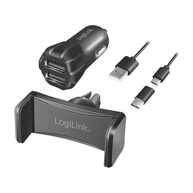 LogiLink Set de Cargador USB para Vehículo y Soporte para Smartphone