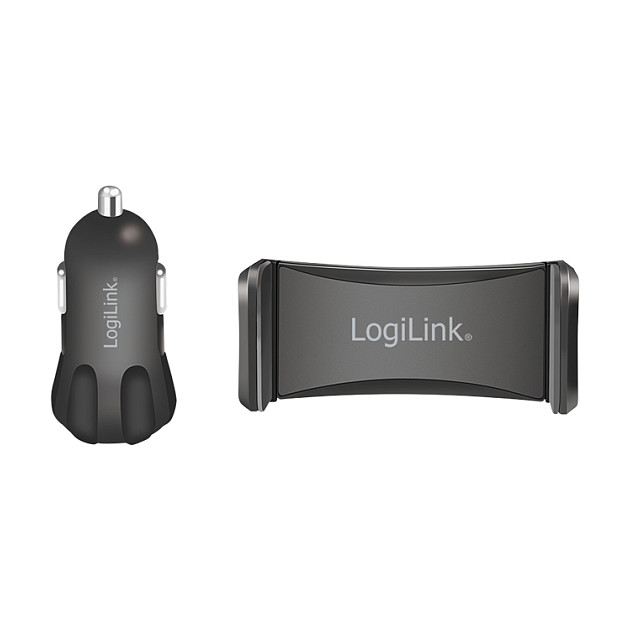LogiLink Set de Cargador USB para Vehículo y Soporte para Smartphone