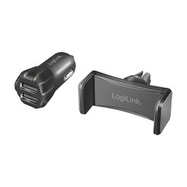 LogiLink Set de Cargador USB para Vehículo y Soporte para Smartphone