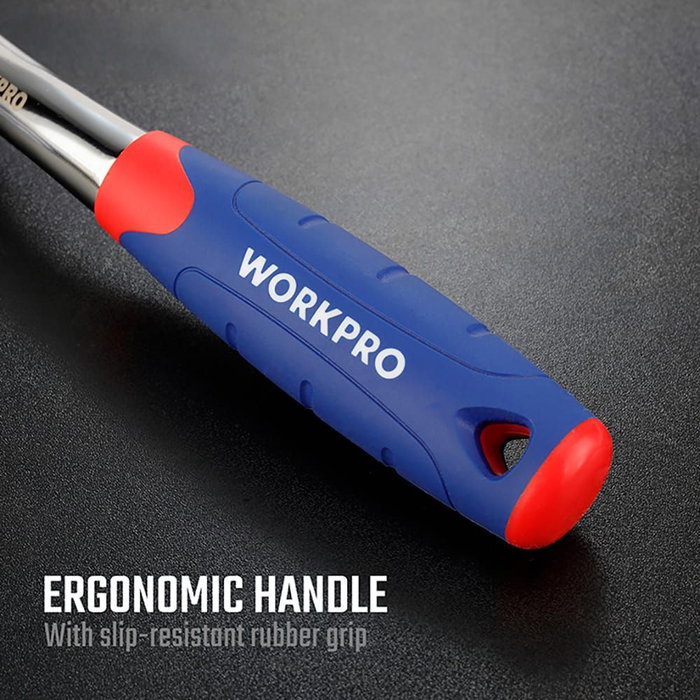 Workpro Llave de Carraca 3/8" Double Drive, Mango Ergonómico, Tecnología Patentada Dual Drive, Rojo/Azul