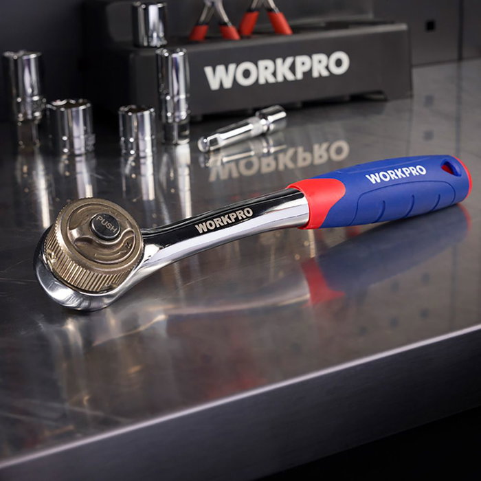 Workpro Llave de Carraca 3/8" Double Drive, Mango Ergonómico, Tecnología Patentada Dual Drive, Rojo/Azul