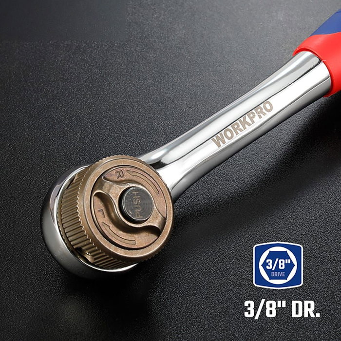 Workpro Llave de Carraca 3/8" Double Drive, Mango Ergonómico, Tecnología Patentada Dual Drive, Rojo/Azul