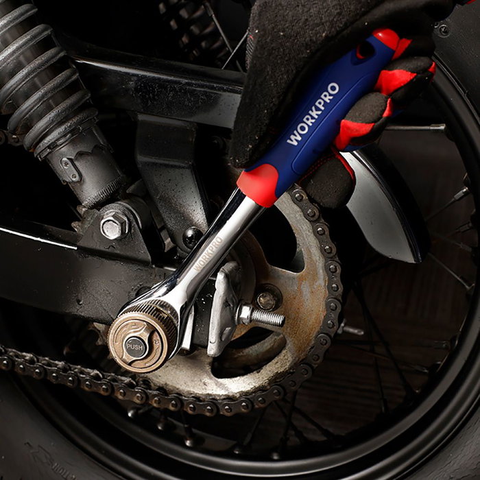 Workpro Llave de Carraca 3/8" Double Drive, Mango Ergonómico, Tecnología Patentada Dual Drive, Rojo/Azul