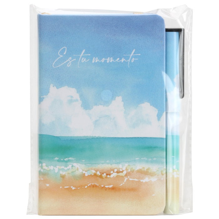 CMP General Libreta con Bolígrafo "Playa" Es Tu Momento - 14x9 cm, 160 Páginas, Tapa Dura, Goma y Marcador