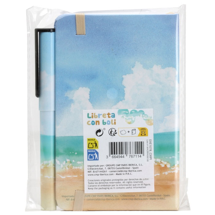 CMP General Libreta con Bolígrafo "Playa" Es Tu Momento - 14x9 cm, 160 Páginas, Tapa Dura, Goma y Marcador