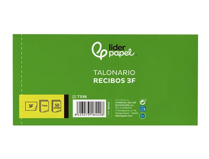 Liderpapel Talonario Recibos 3/fº Apaisado Original con Matriz y 2 Copias