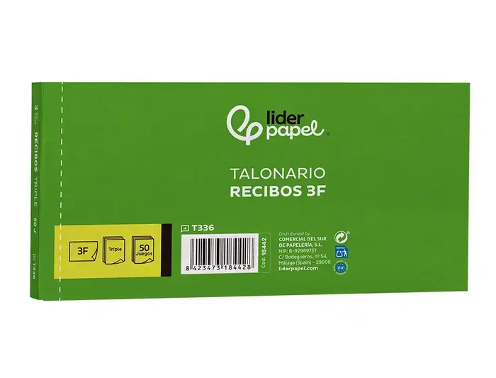 Liderpapel Talonario Recibos 3/fº Apaisado Original con Matriz y 2 Copias