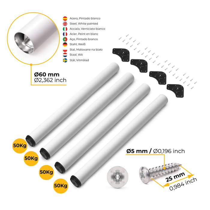 Emuca Lote de 4 patas para mesa, diámetro 60mm, H 830mm, Acero, Pintado blanco
