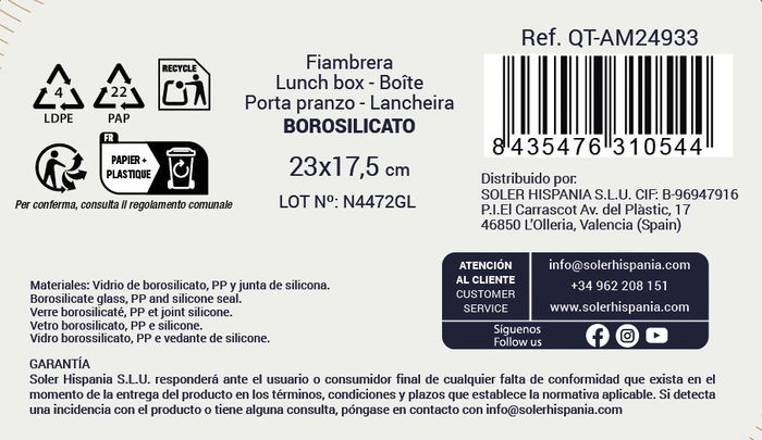 Ambare Fiambrera Rectangular Hermética 1.5L 23 cm x 17.5 cm x 7.6 cm (6 Unidades)