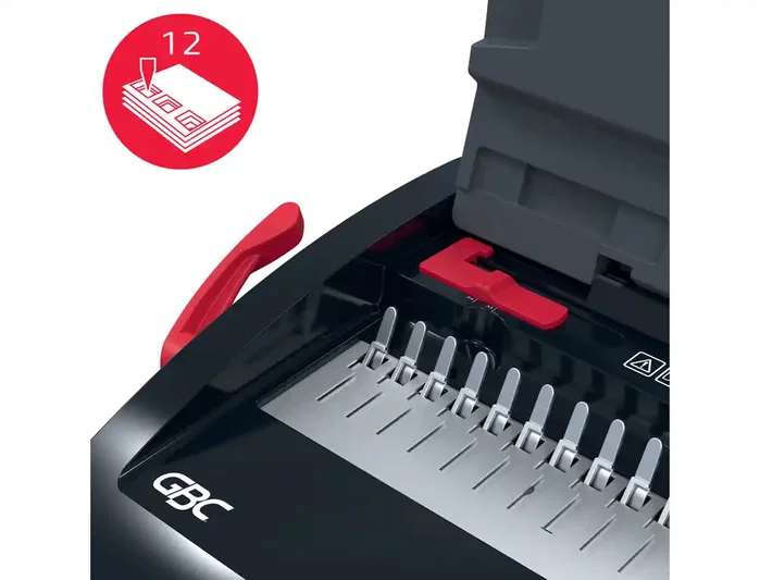 GBC CombBind CB12 Encuadernadora Canutillo A4 manual, perfora hasta 12 hojas, encuaderna hasta 165 hojas, color negro y plateado