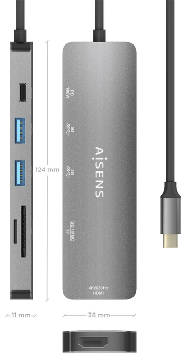 Aisens USB-C Dock 6 en 1 HDMI 4K, 2x USB-A, PD 100W, Gris