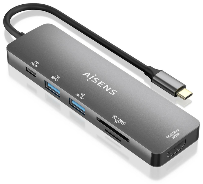 Aisens USB-C Dock 6 en 1 HDMI 4K, 2x USB-A, PD 100W, Gris
