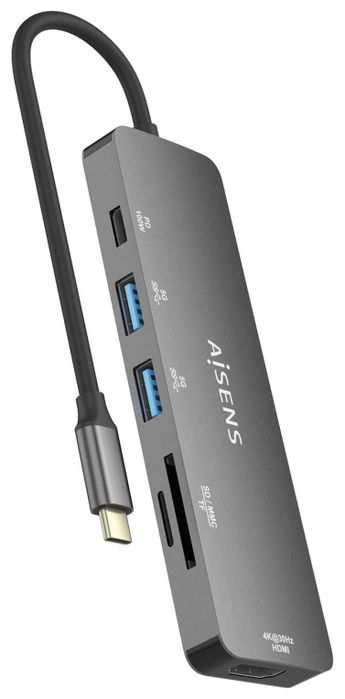 Aisens USB-C Dock 6 en 1 HDMI 4K, 2x USB-A, PD 100W, Gris