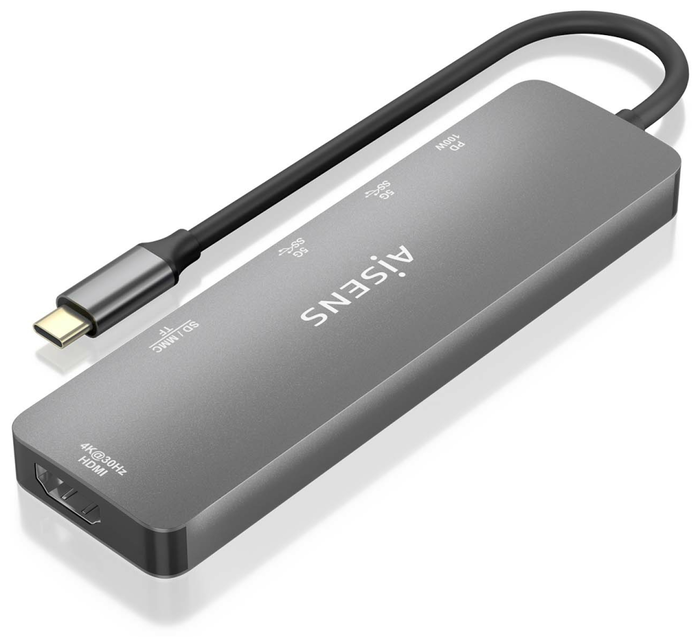 Aisens USB-C Dock 6 en 1 HDMI 4K, 2x USB-A, PD 100W, Gris