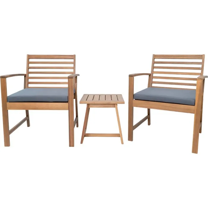 Cali Conjunto de Jardín de Madera de Acacia FSC para 2 Personas con 2 Sillones y Mesa, Incluye Cojines de Poliéster - Gris Cali Conjunto de Jardín de Madera de Acacia FSC para 2 Personas con 2 Sillones y Mesa, Incluye Cojines de Poliéster - Gris