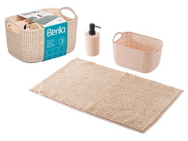 Berilo - Set de 3 Piezas para Baño Beige (Alfombrilla 38x58 cm, Cesta y Dispensador), 100% Poliéster y PP (Set de 12)