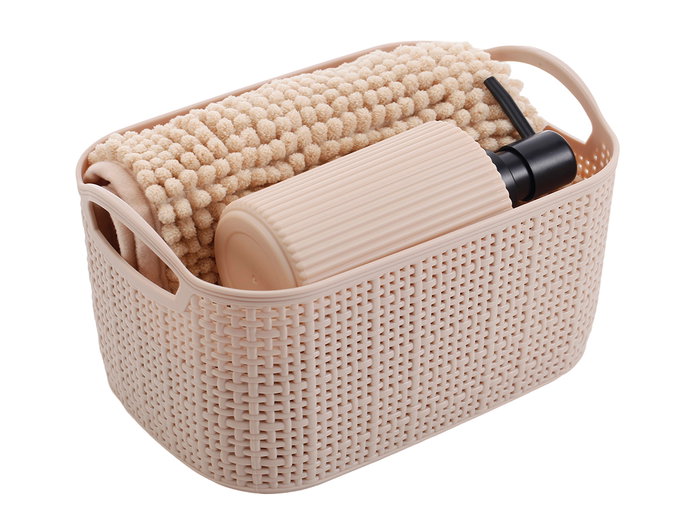 Berilo - Set de 3 Piezas para Baño Beige (Alfombrilla 38x58 cm, Cesta y Dispensador), 100% Poliéster y PP (Set de 12)