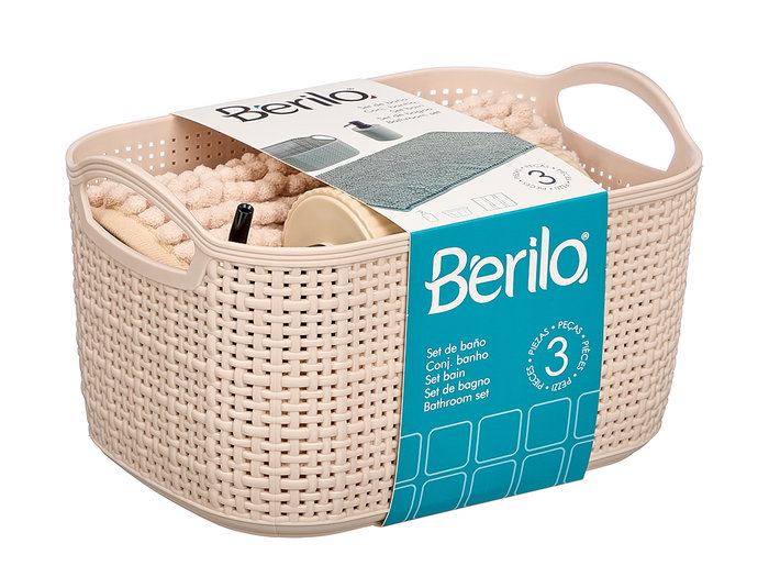 Berilo - Set de 3 Piezas para Baño Beige (Alfombrilla 38x58 cm, Cesta y Dispensador), 100% Poliéster y PP (Set de 12)