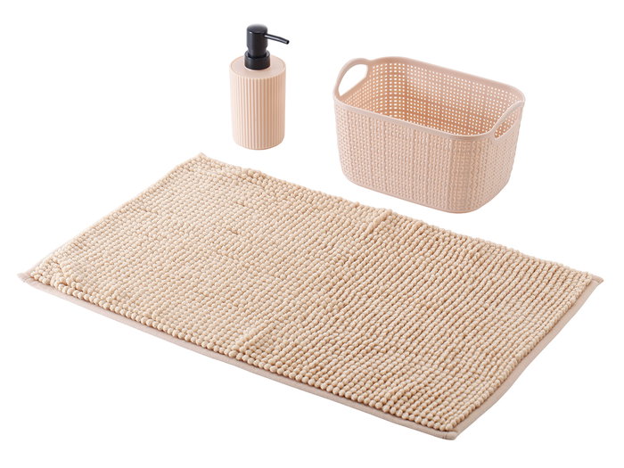 Berilo - Set de 3 Piezas para Baño Beige (Alfombrilla 38x58 cm, Cesta y Dispensador), 100% Poliéster y PP (Set de 12)
