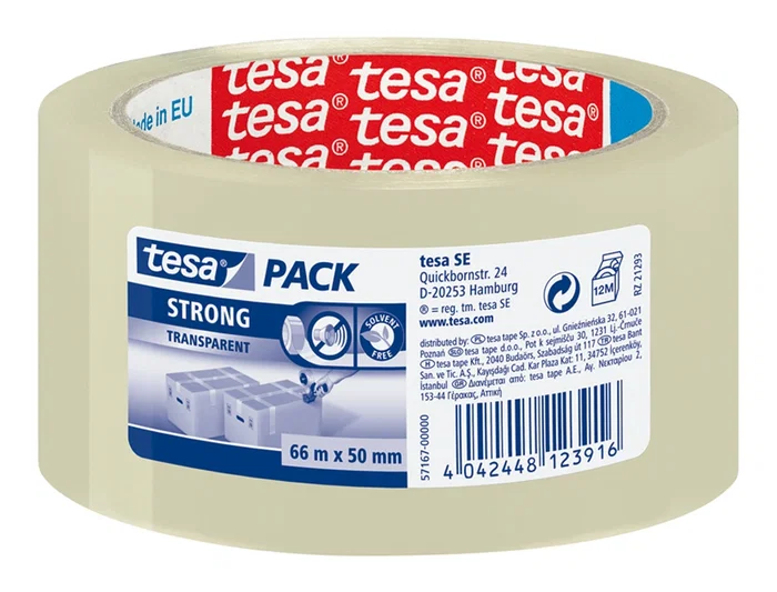 Tesa Cinta de Embalaje Fuerte tesapack® Strong 66 m x 50 mm Transparente, Adhesión Segura, Bajo Ruido