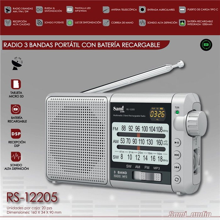 SAMI Radio Portátil 3 Bandas, con Ruedas XL y Batería Recargable