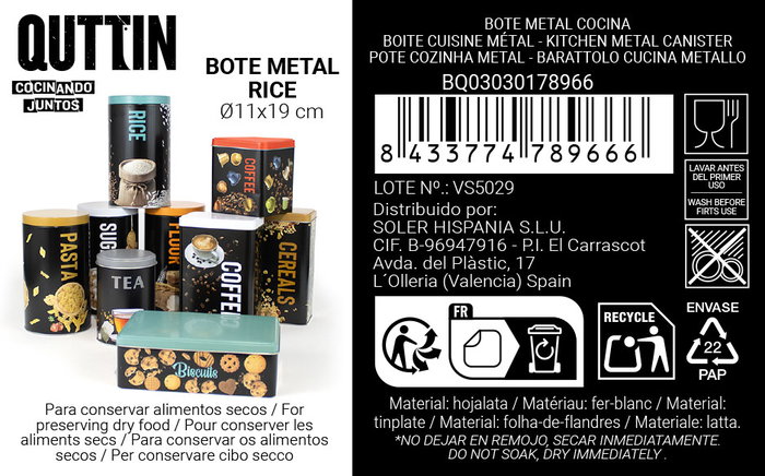 Quttin Bote Metal Rice 11 x 19 cm (12 Unidades)
