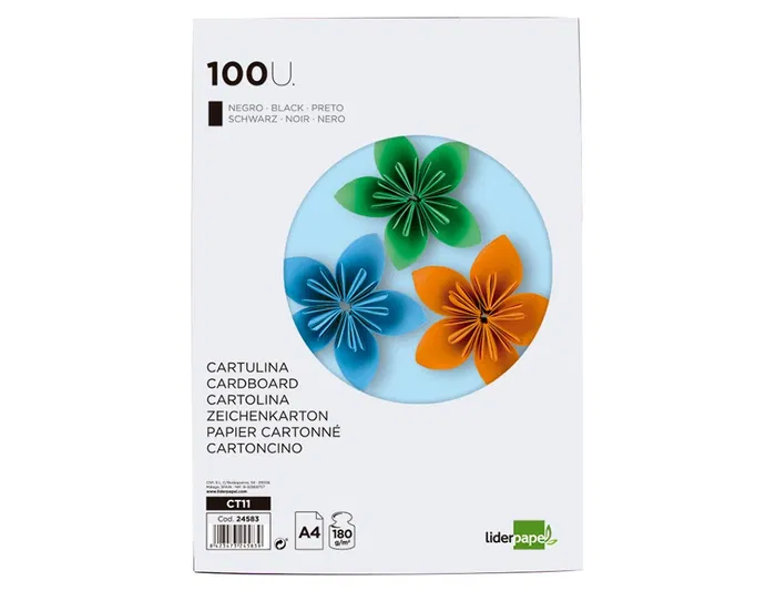 Liderpapel Cartulina A4 180g/m2 Negro Paquete de 100 Hojas