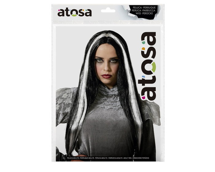 Peluca Vampiresa Larga Blanca Y Negra 60 cm Con Mechas Estilo Halloween Terror