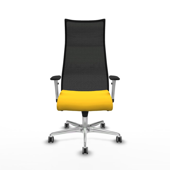 Sillón Albacete con mecanismo Sincro tapizada con Similpiel color Amarillo y malla color Negro. Equipado con Base aluminio, Brazos 1D y Ruedas 65 mm parqué