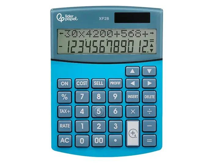 Liderpapel XF28 Calculadora Sobremesa 12 Dígitos Doble Línea, Coste, Venta, Margen, Tasas, Solar y Pilas, Azul 155x115x25 mm
