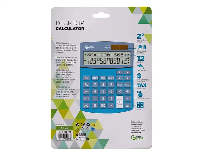 Liderpapel XF28 Calculadora Sobremesa 12 Dígitos Doble Línea, Coste, Venta, Margen, Tasas, Solar y Pilas, Azul 155x115x25 mm