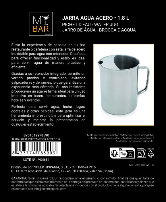 Inde Jarra Agua C/Retenedor Acero 1.8L My Bar (12 Unidades)