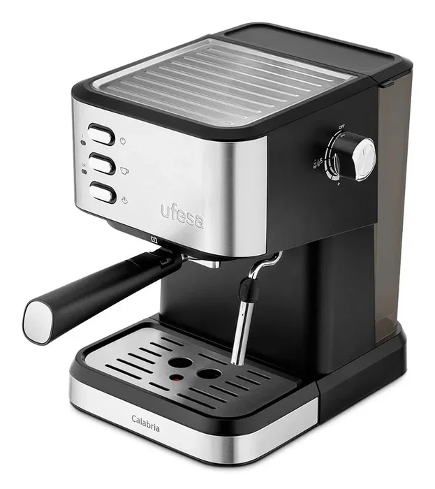 Ufesa Calabria Máquina de Espresso para Encimera, 20 Bares, 1.5 L, Negro/Acero Inoxidable, Vaporizador, Portafiltro Doble, Calienta-Tazas, 1050W