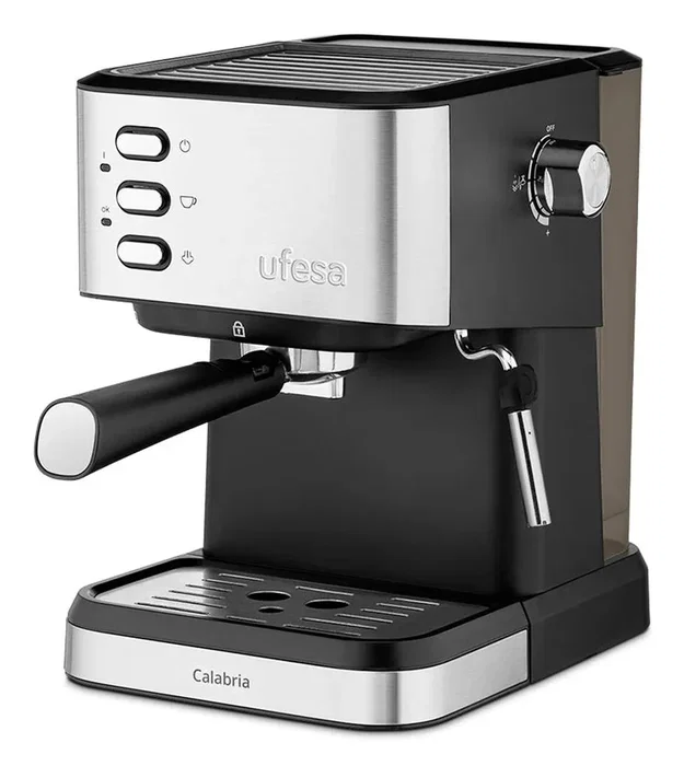 Ufesa Calabria Máquina de Espresso para Encimera, 20 Bares, 1.5 L, Negro/Acero Inoxidable, Vaporizador, Portafiltro Doble, Calienta-Tazas, 1050W