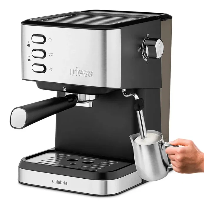 Ufesa Calabria Máquina de Espresso para Encimera, 20 Bares, 1.5 L, Negro/Acero Inoxidable, Vaporizador, Portafiltro Doble, Calienta-Tazas, 1050W