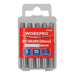 Workpro Juego de 5 Portapuntas Magnéticos 60 mm, Tubo Acero al Carbono S2, Imán Potente, Eje Cromo Vanadio 6.3 mm Hexagonal