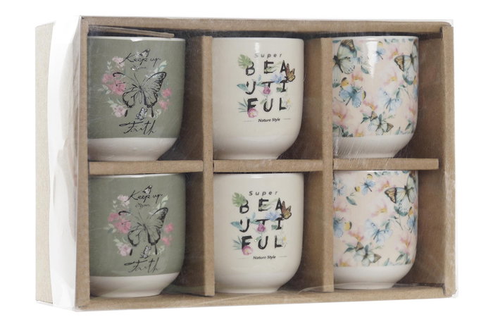 DKD Home Decor Set de 6 Tazas de Porcelana y New Bone Estilo Shabby Rosa Beige 14 x 6.5 x 20.5 cm
