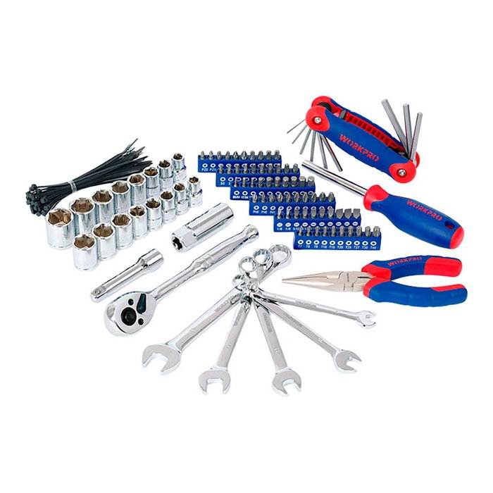 Workpro Asiento Rodante de Herramientas 136 Piezas, Set Mecánico con 2 Cajones, Incluye Alicates, Llaves Combinadas, Vasos Métricos y SAE, Mango de Carraca, Capacidad 150 kg