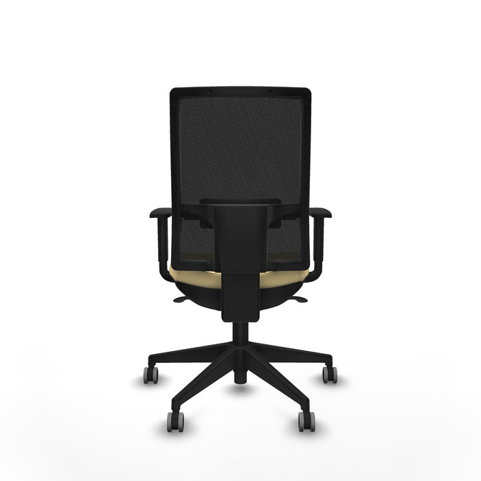 Silla de oficina Horna con mecanismo Sincro tapizada con Similpiel color Crema y malla color Negro. Equipada con lumbar 1D, Brazos 1D y Ruedas 65 mm parqué