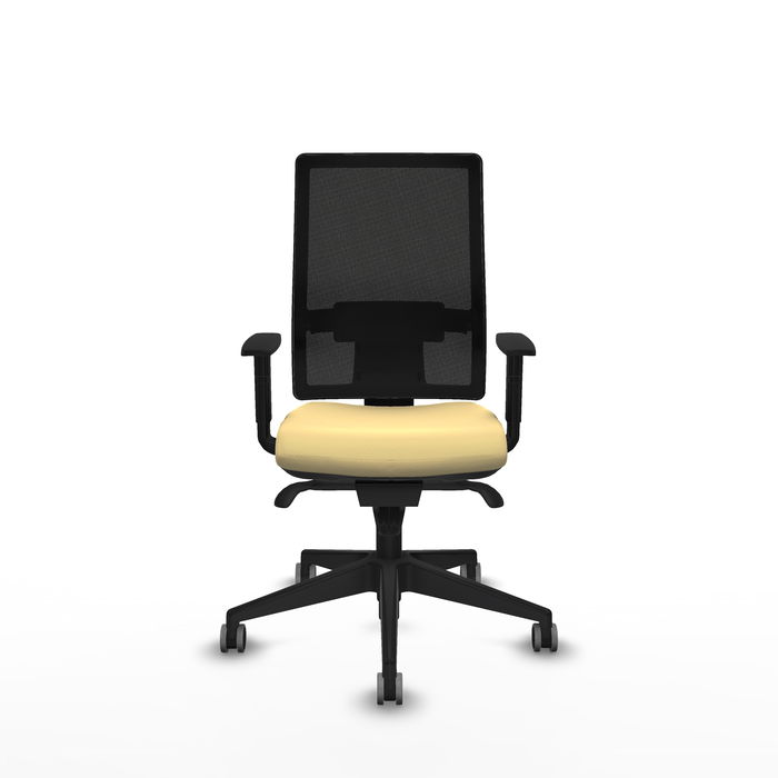 Silla de oficina Horna con mecanismo Sincro tapizada con Similpiel color Crema y malla color Negro. Equipada con lumbar 1D, Brazos 1D y Ruedas 65 mm parqué