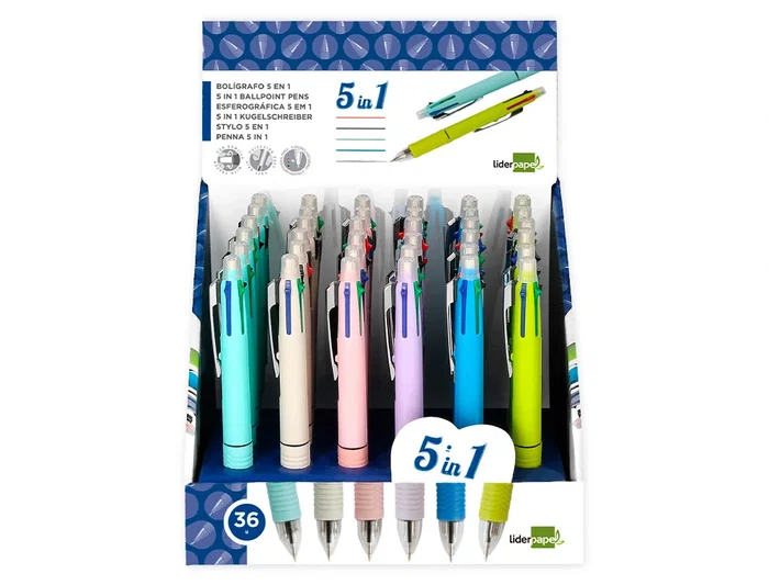 Liderpapel Bolígrafo Multifunción 5 en 1 con Portaminas, Tinta Azul, Negro, Rojo, Verde y Trazo 0,7mm