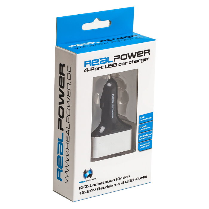 RealPower Cargador de Coche 4 Puertos USB 2400mA para Smartphone/Tablet, 176636, Negro/Plata, de Encendedor (12-24V)