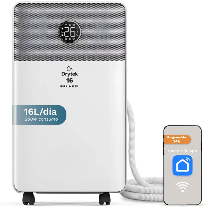 Grunkel DH-16DT Deshumidificador 16L/24h Silencioso 42dB con Wi-Fi y App, Blanco, 2L, 280W, Ruedas