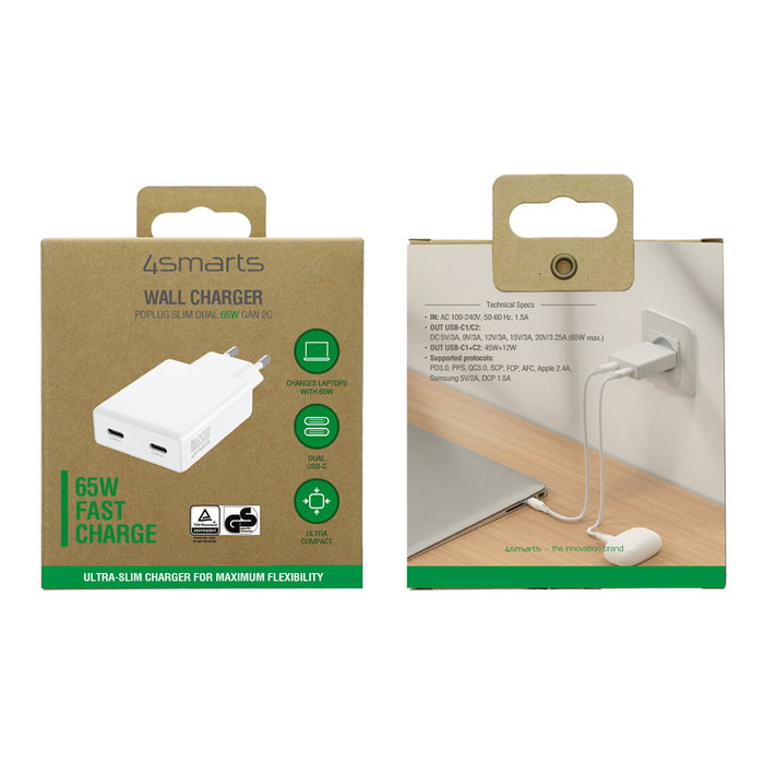 4smarts PDPlug Slim Dual 65W GaN Cargador USB-C 546065 con PPS QC3.0 SuperCharge, Blanco