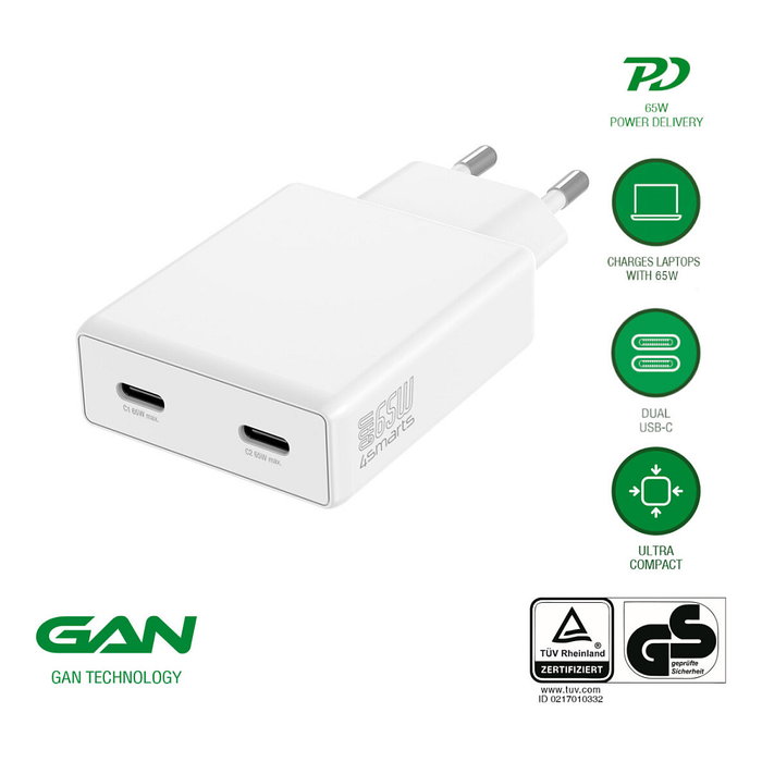4smarts PDPlug Slim Dual 65W GaN Cargador USB-C 546065 con PPS QC3.0 SuperCharge, Blanco