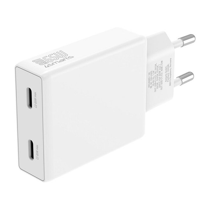 4smarts PDPlug Slim Dual 65W GaN Cargador USB-C 546065 con PPS QC3.0 SuperCharge, Blanco