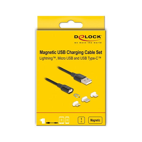 DeLOCK 88165 Set de cable de carga magnético con adaptadores Lightning, Micro USB y USB Type-C, 1 m, Negro